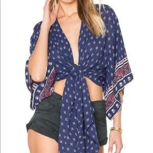 Faithfull The Brand Blue Floral Tie Front Cropped Blouse